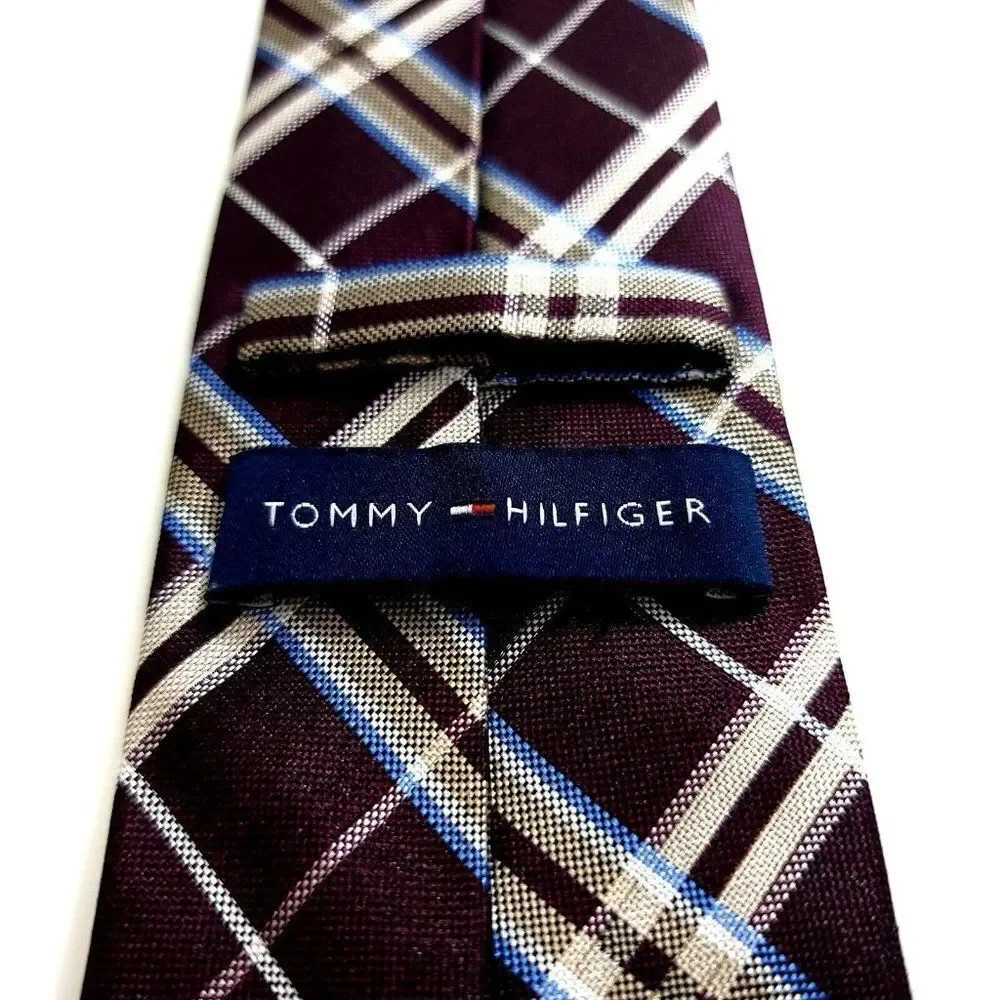 Tommy Hilfiger Purple Tan Woven Plaid‎ Silk Tie
